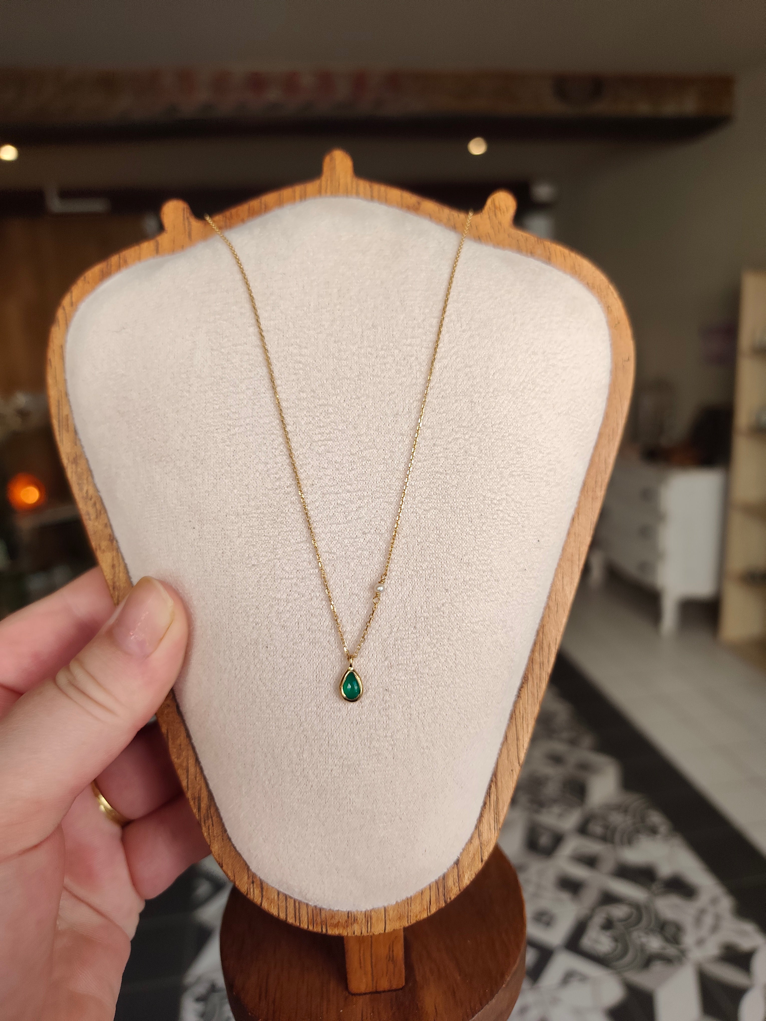 Collier Onyx Vert & Perle — Argent 925 doré à l’or fin