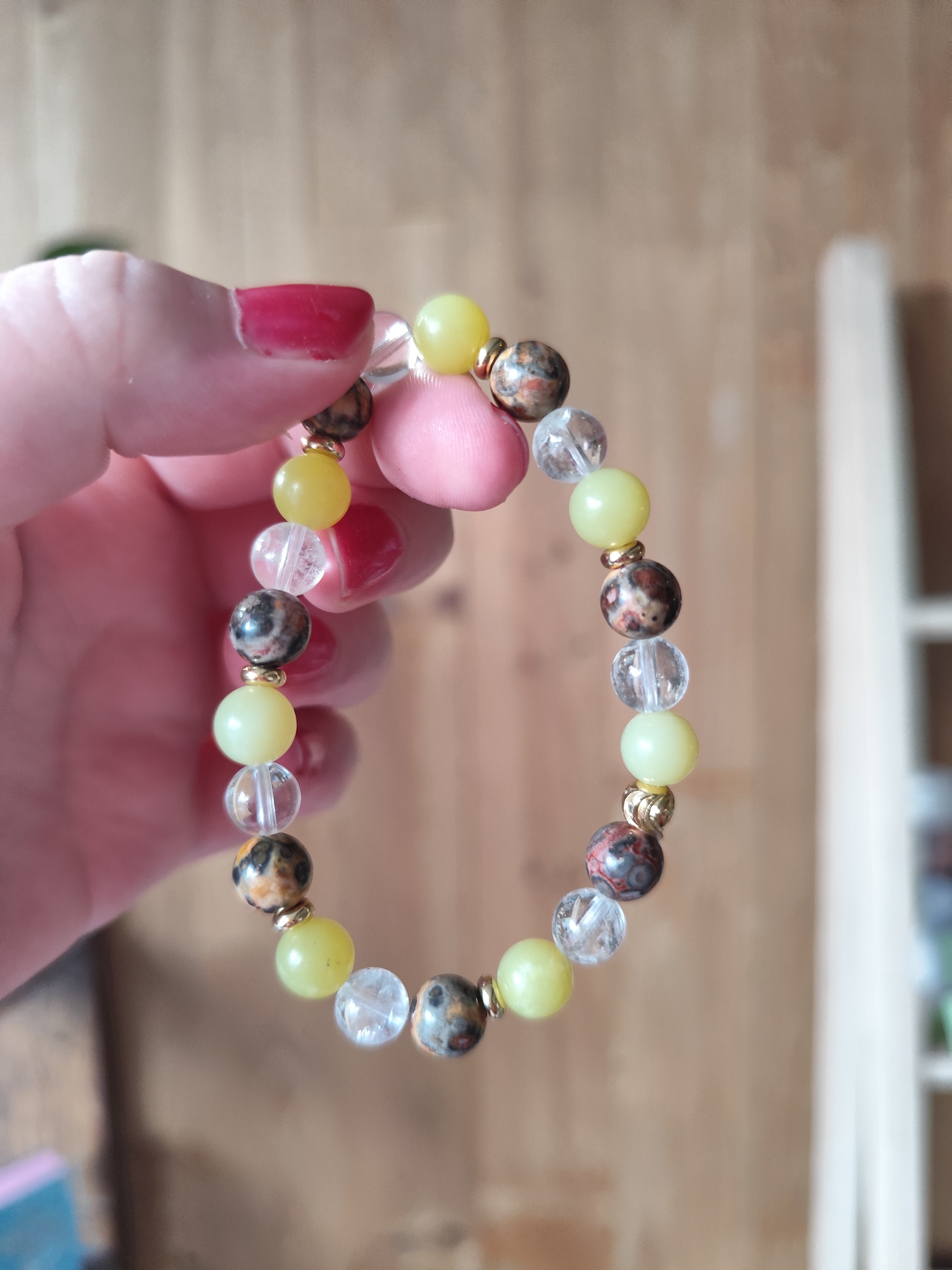 Harmonie Solaire – Bracelet Jade Jaune, Jaspe Léopard & Cristal de Roche