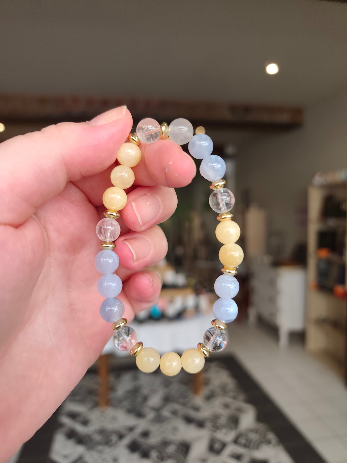 Bracelet Soleil de Provence — Calcédoine bleue, Calcite jaune & Cristal de roche