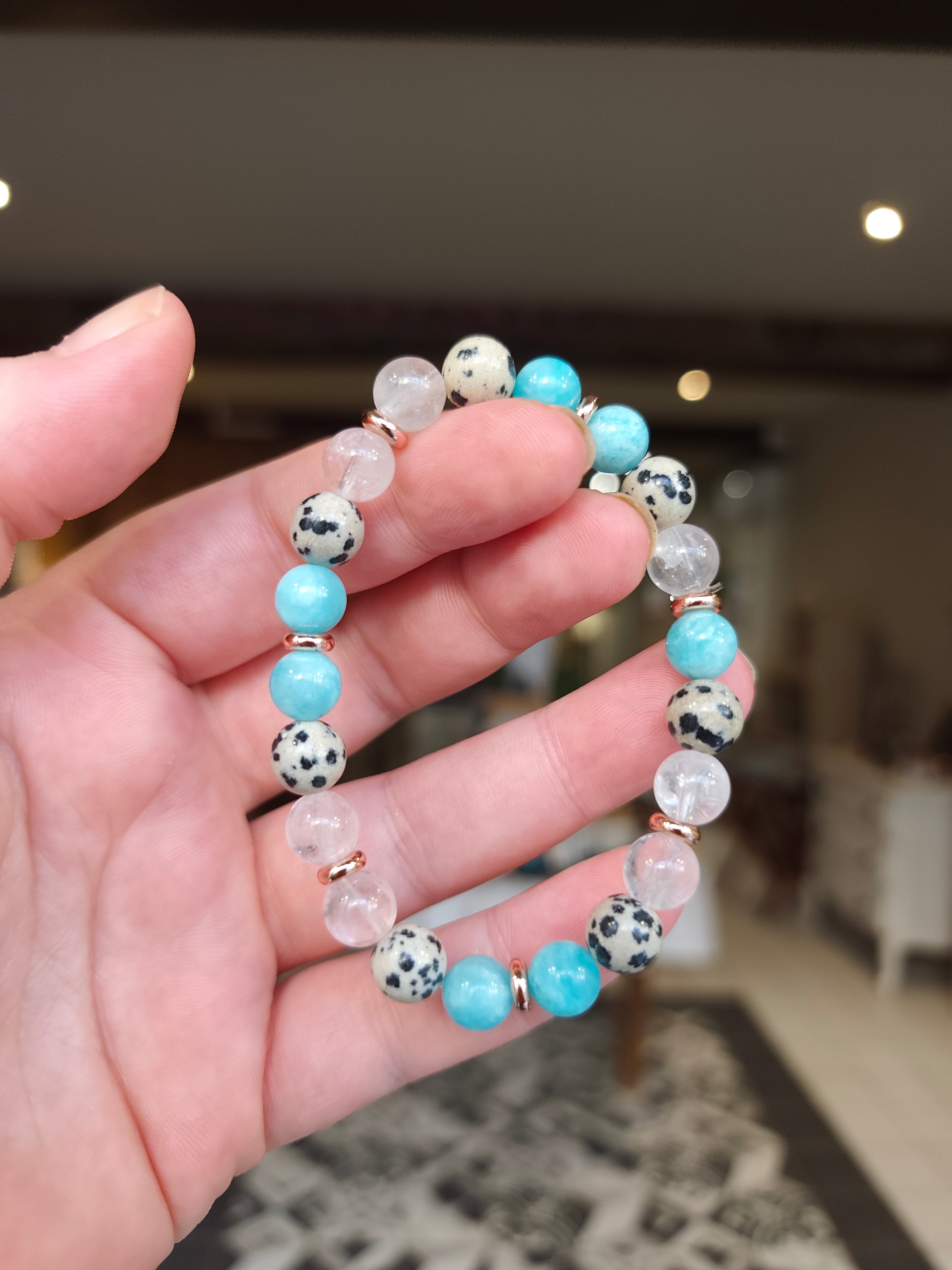 Bracelet « Les Nymphes » — Amazonite, Cristal de Roche & Jaspe Dalmatien