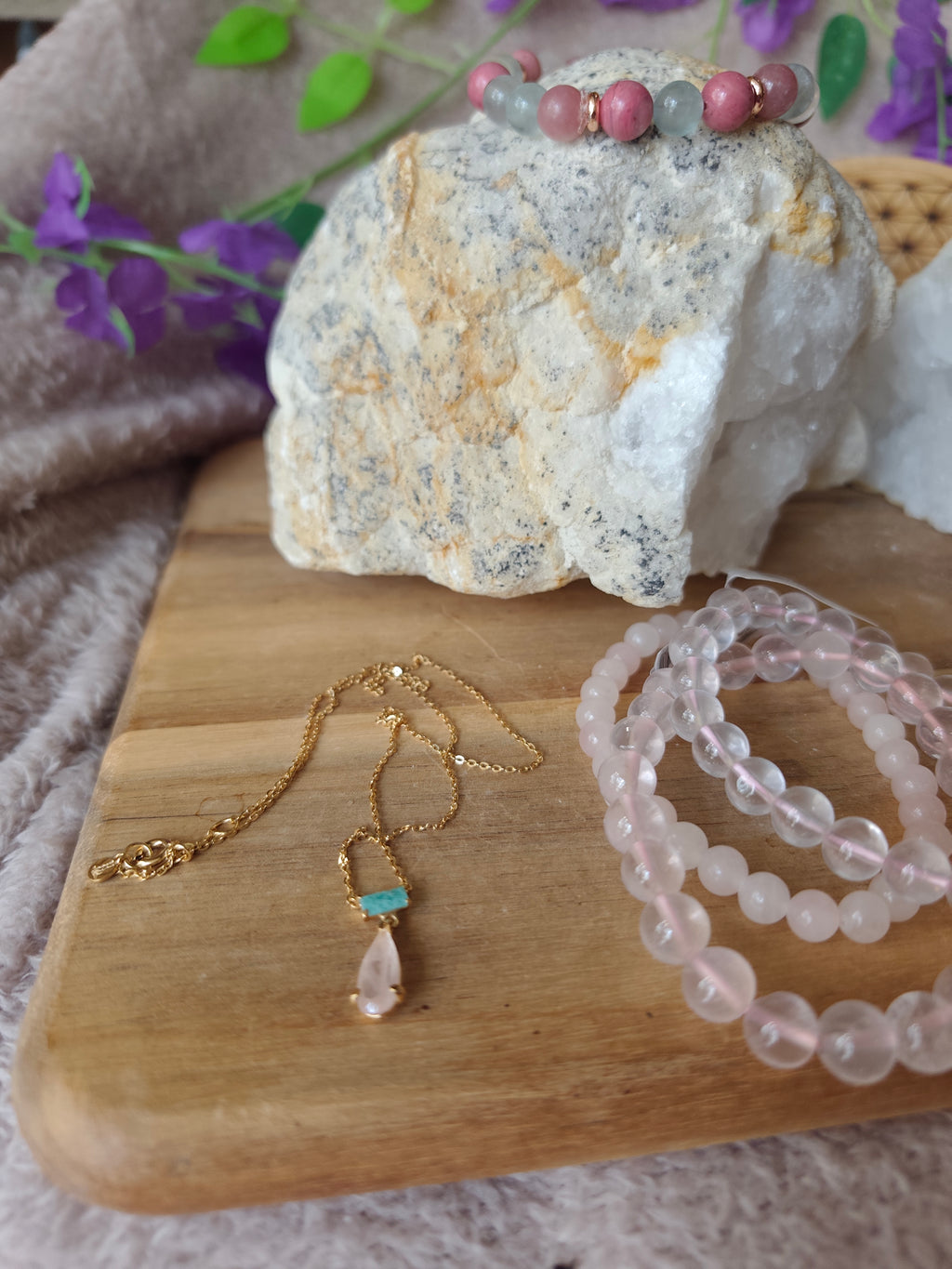 Collier Amazonite & Quartz Rose — Argent 925 doré à l’or fin