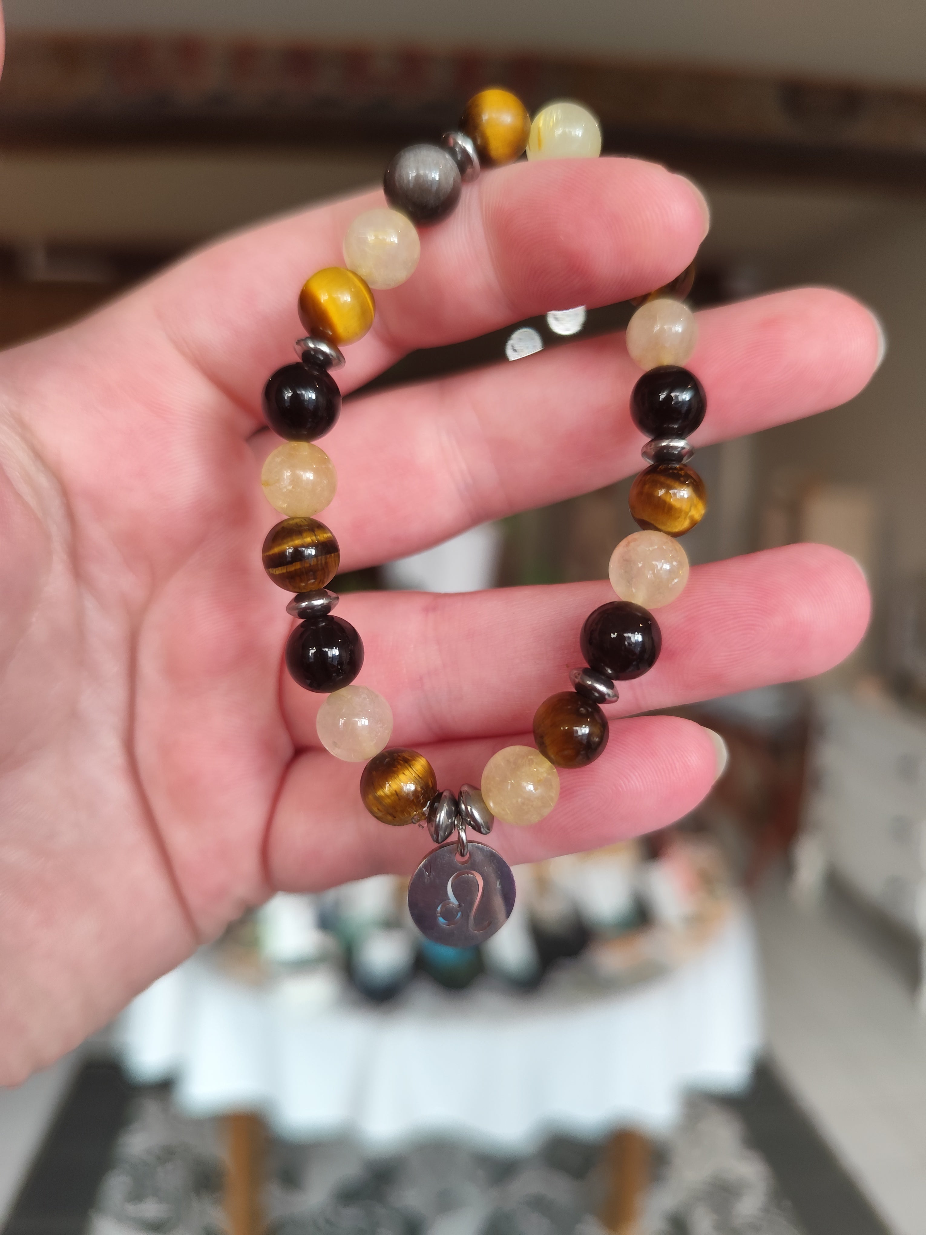 Bracelet astrologique Lion ♌ Obsidienne argentée / cristal de roche rutile / oeil de tigre