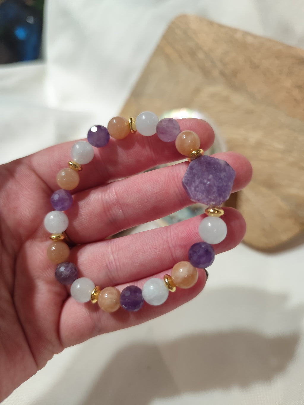 Bracelet chasse la tristesse, anti stress, lutte contre les angoisse / Lépidolite, Amethyste, pierre de Lune, Quartz Rose