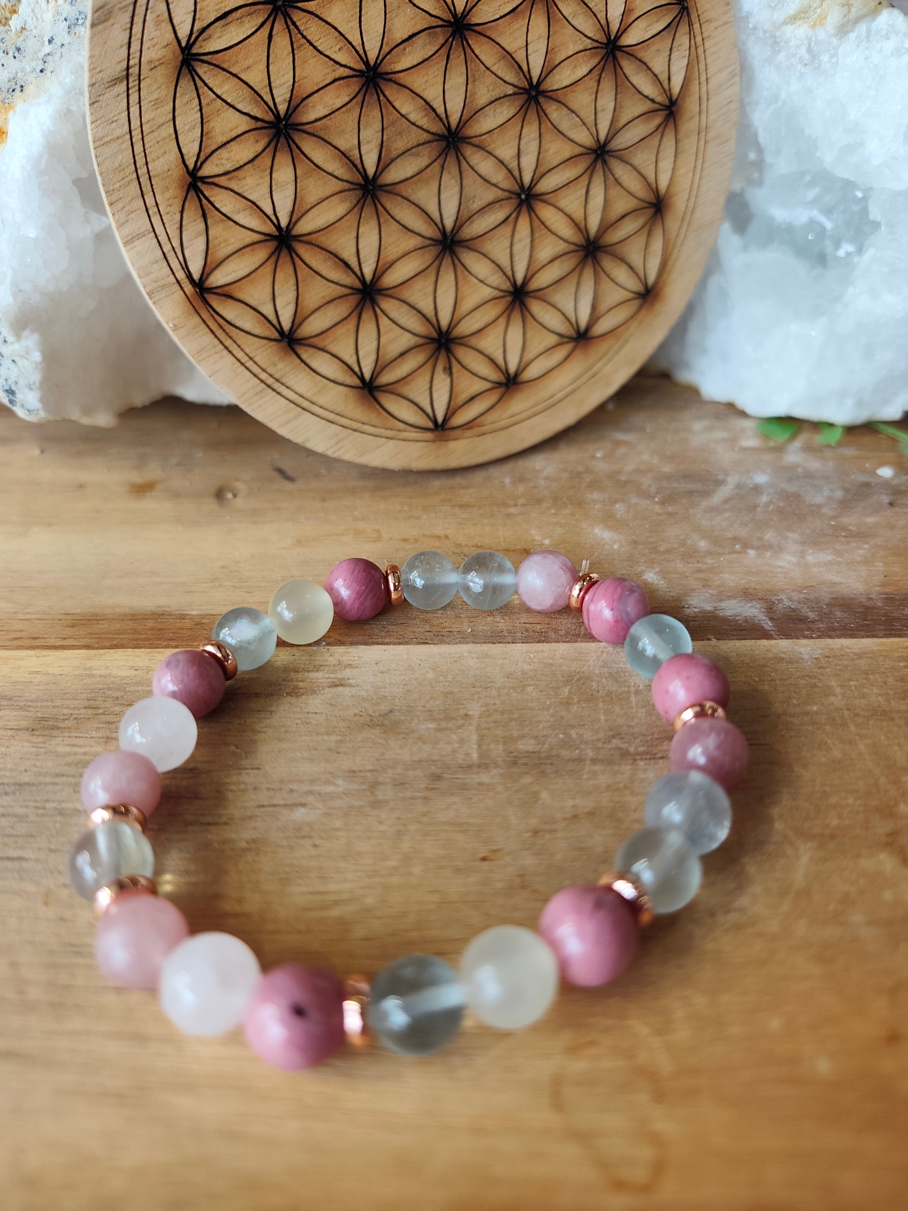 Bracelet Cherry Blossom — Fluorine bleue, Rhodonite, Quartz rose & Aventurine rose