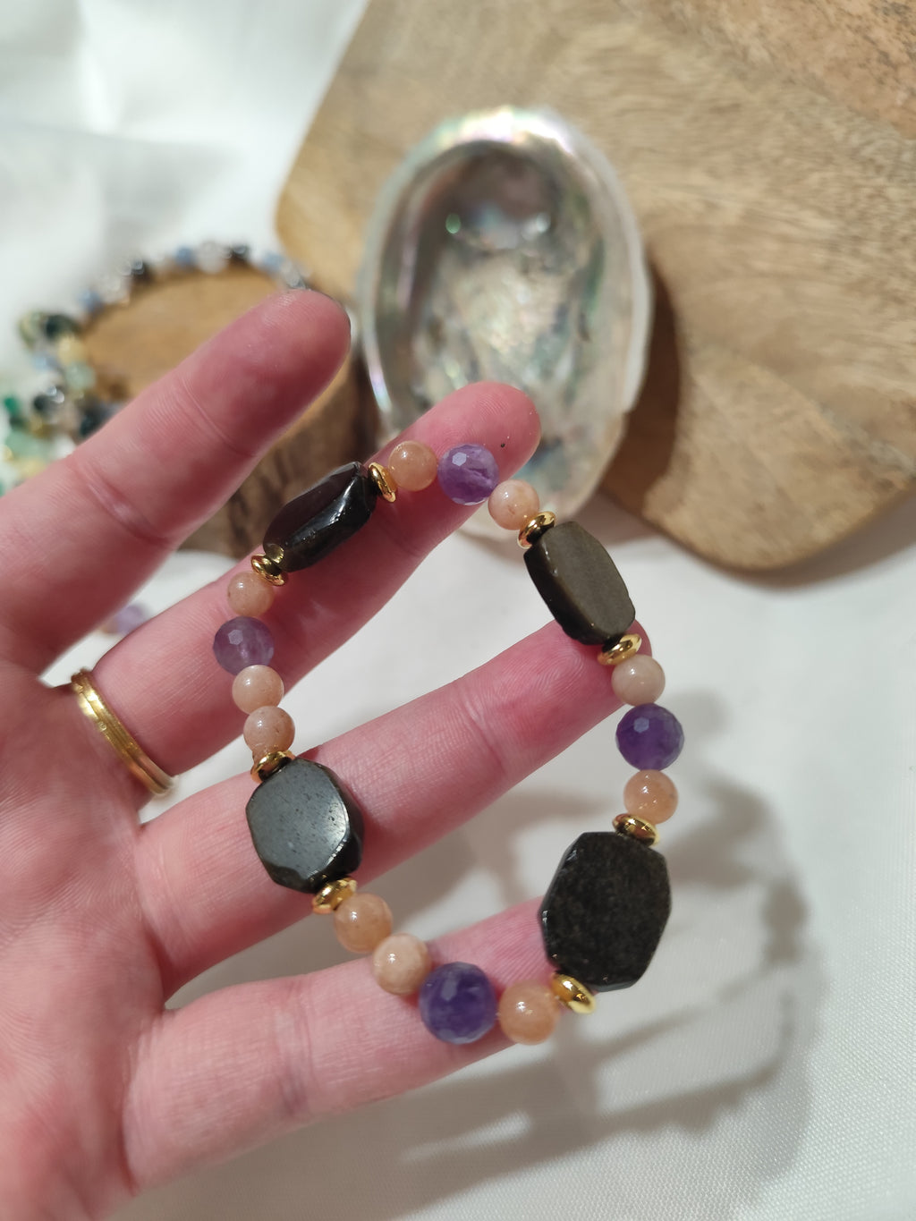 Bracelet Chic, équilibre intérieur, reconnexion à soi / Obsidienne, améthyste, pierre de lune