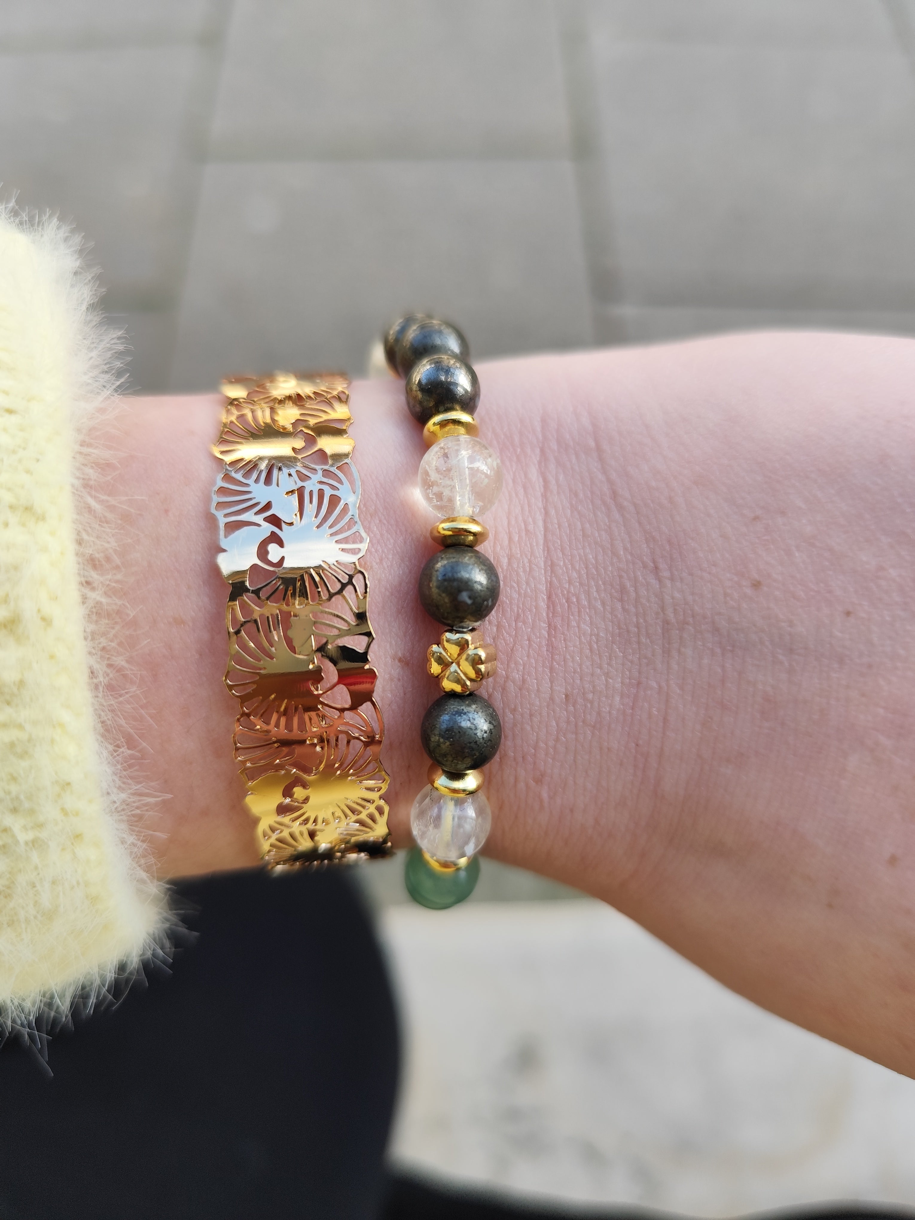 Bracelet Chance & Abondance – Trèfle Porte-Bonheur en Pyrite, Citrine et Aventurine Verte