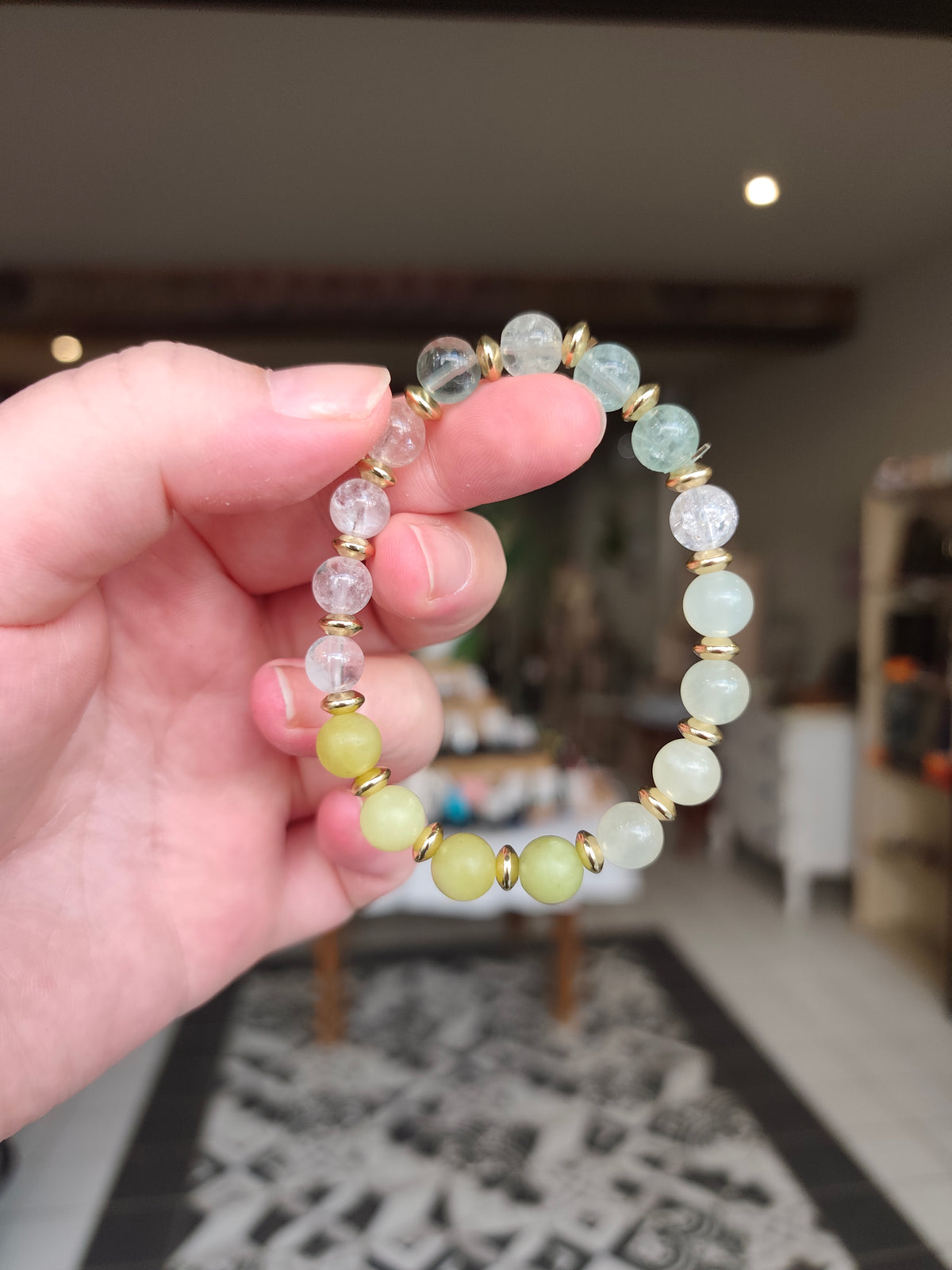 Bracelet Soleil de Bali — Fluorite verte, Serpentine jaune, Jade de Chine & Cristal de roche