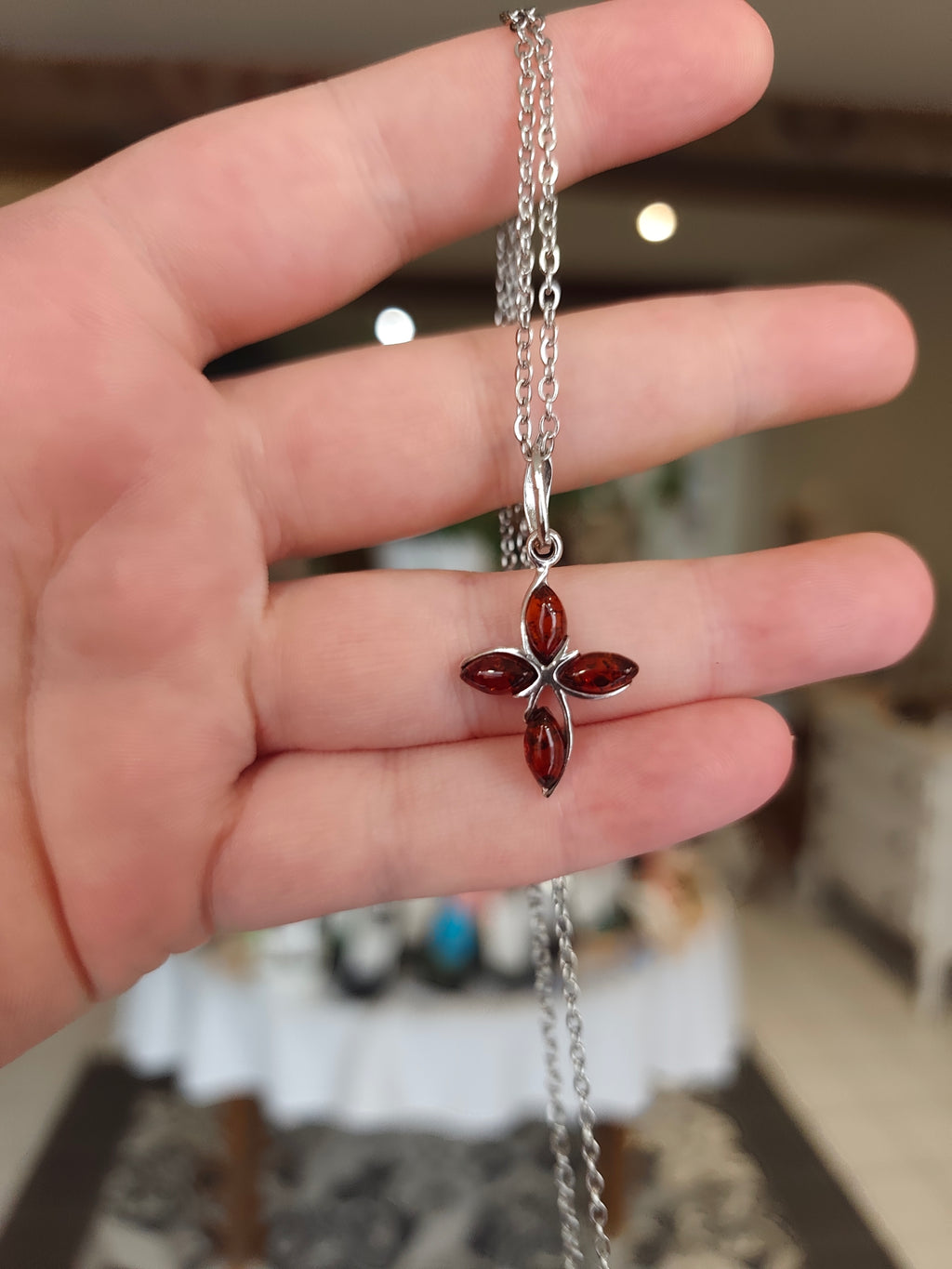Pendentif Croix en Ambre Cognac & Argent 925
