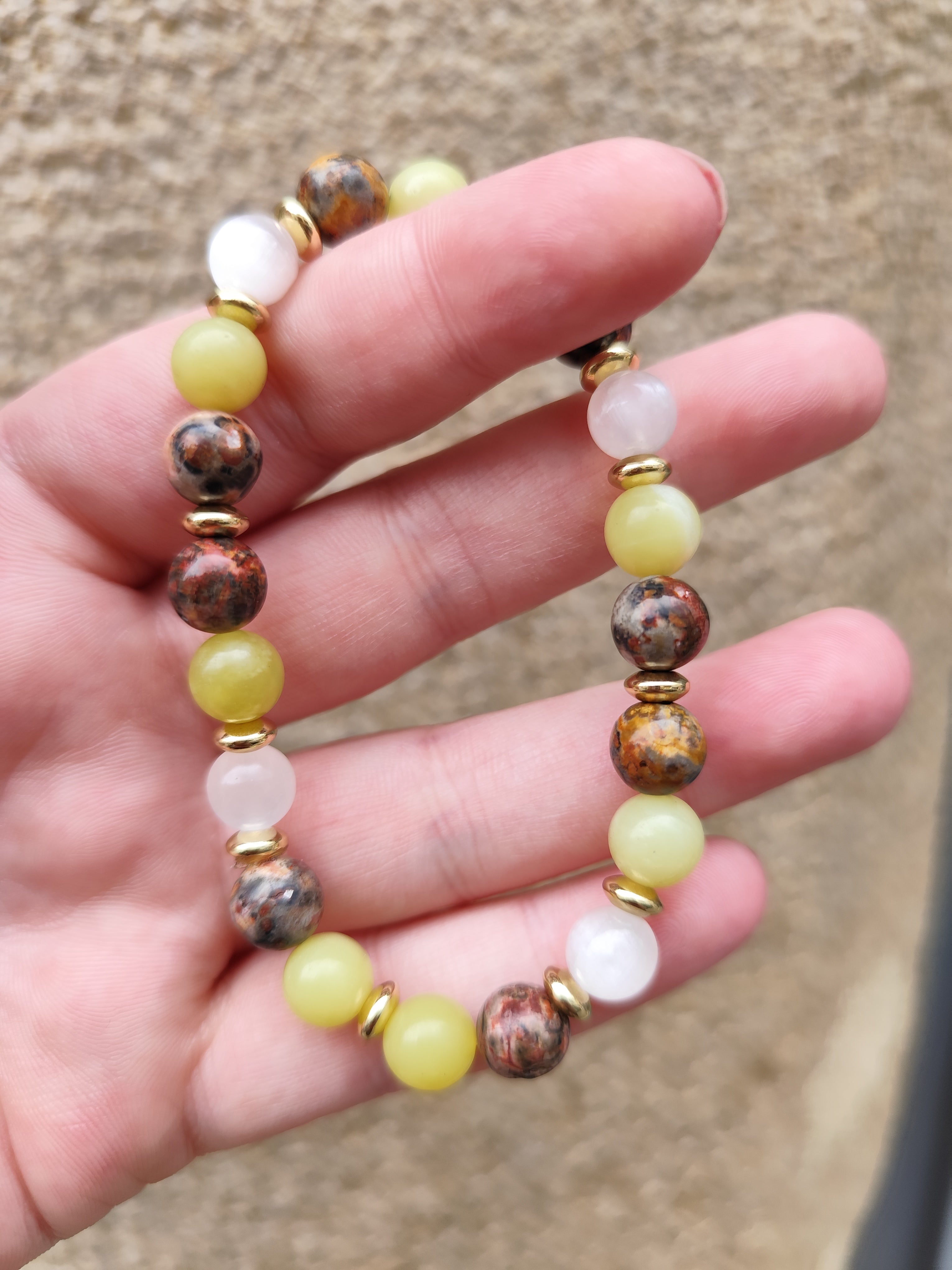 Bracelet Serpentine Jaune, Sélénite & Jaspe Léopard – Pièce Unique Artisanale