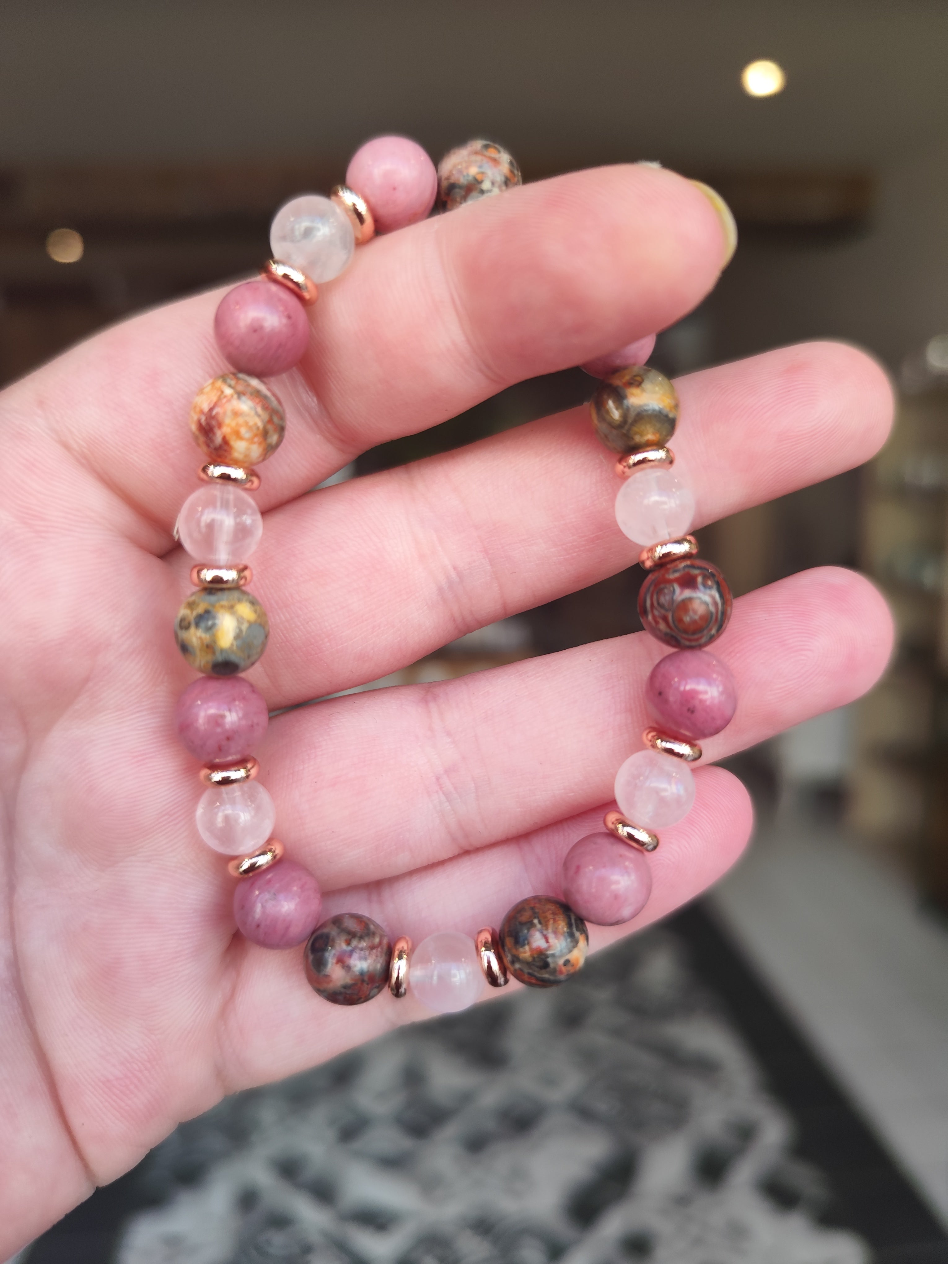 Bracelet Aliénor – Rhodonite, Quartz rose & Jaspe léopard