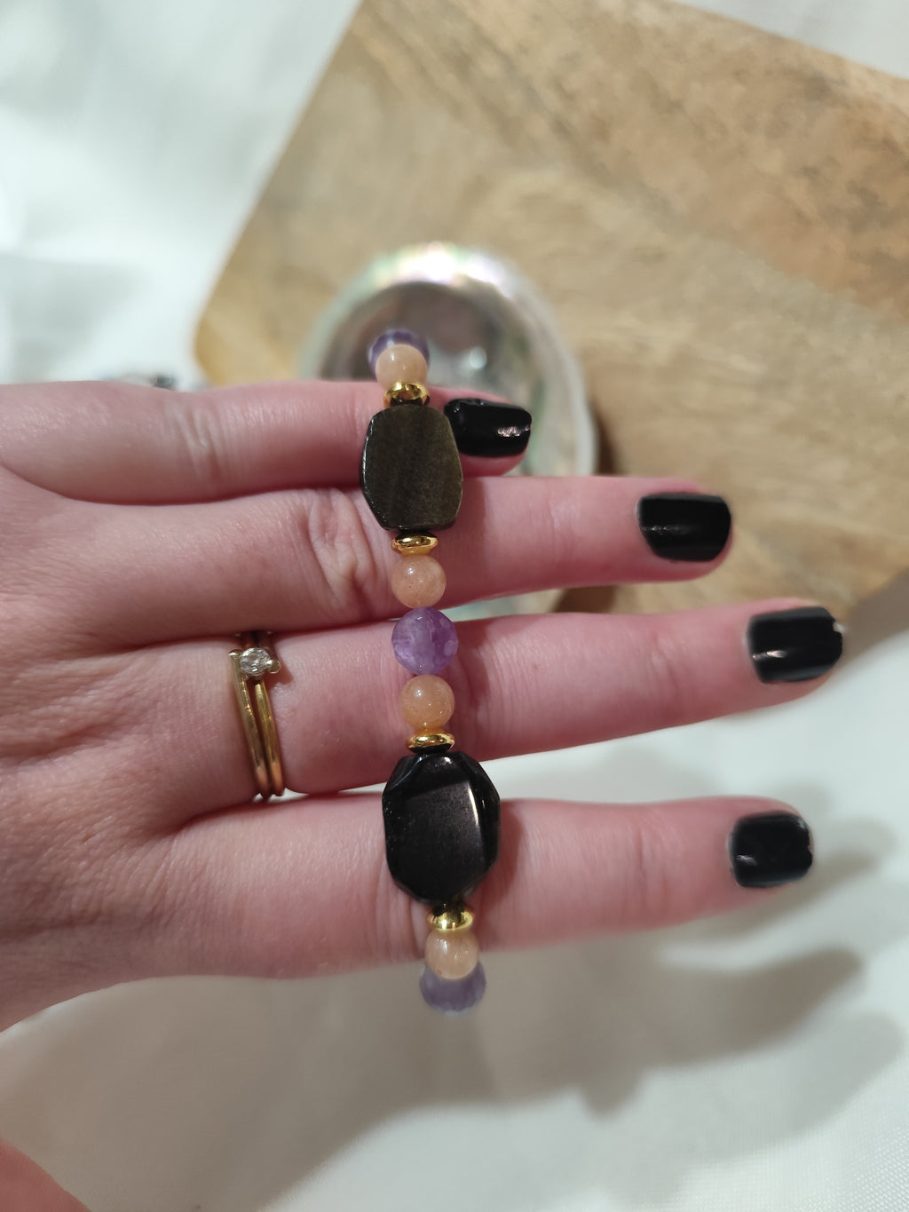 Bracelet Chic, équilibre intérieur, reconnexion à soi / Obsidienne, améthyste, pierre de lune