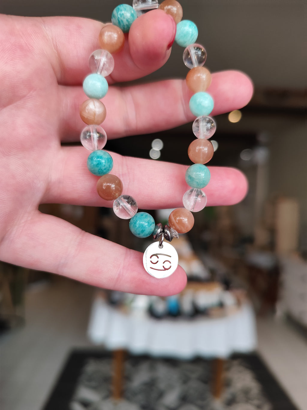 Bracelet signe astrologique Cancer – Pierre de lune, Amazonite & Cristal de roche