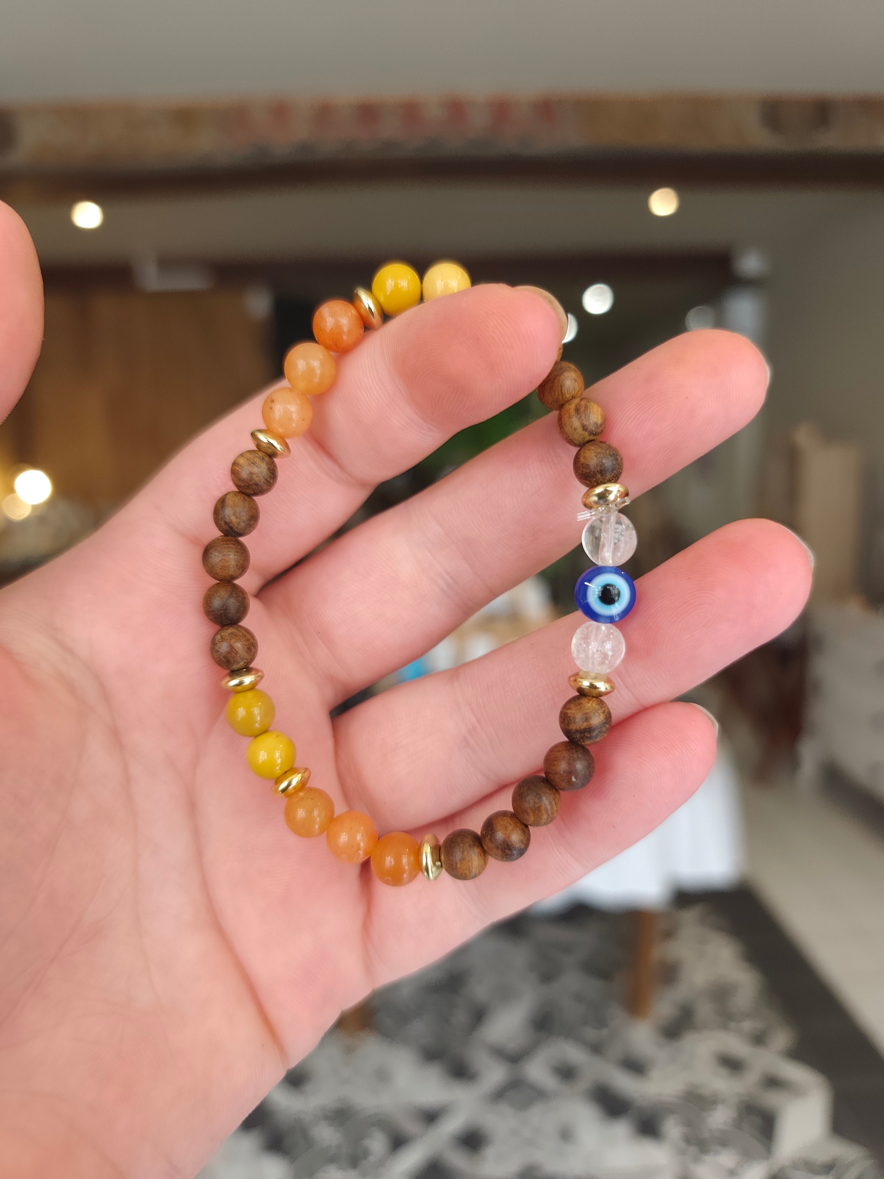 Bracelet Œil Gardien — Aventurine orange, Jaspe Mokaïte jaune & Bois