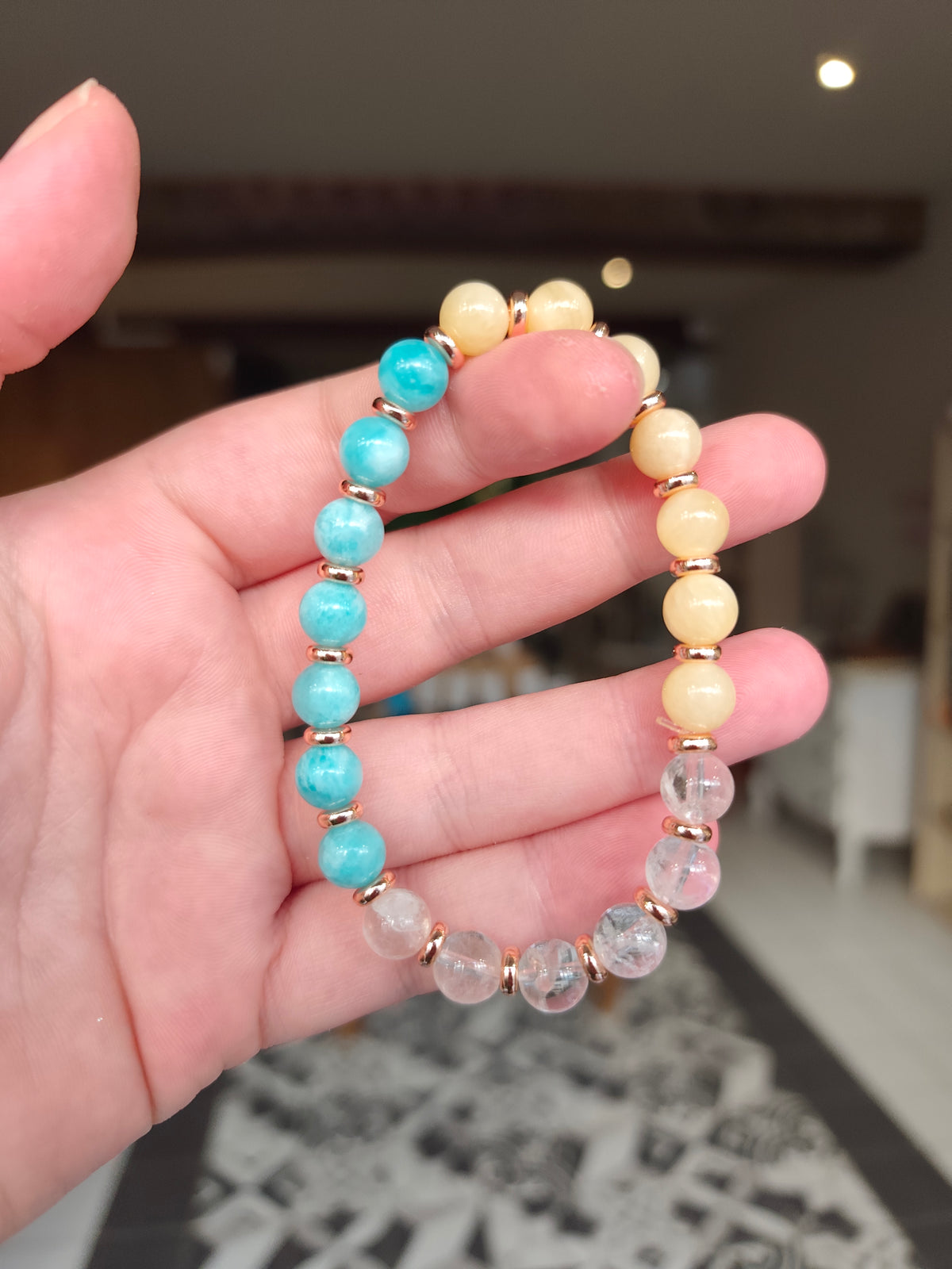 Bracelet Soleil d’Italie — Calcite jaune, Amazonite & Cristal de roche