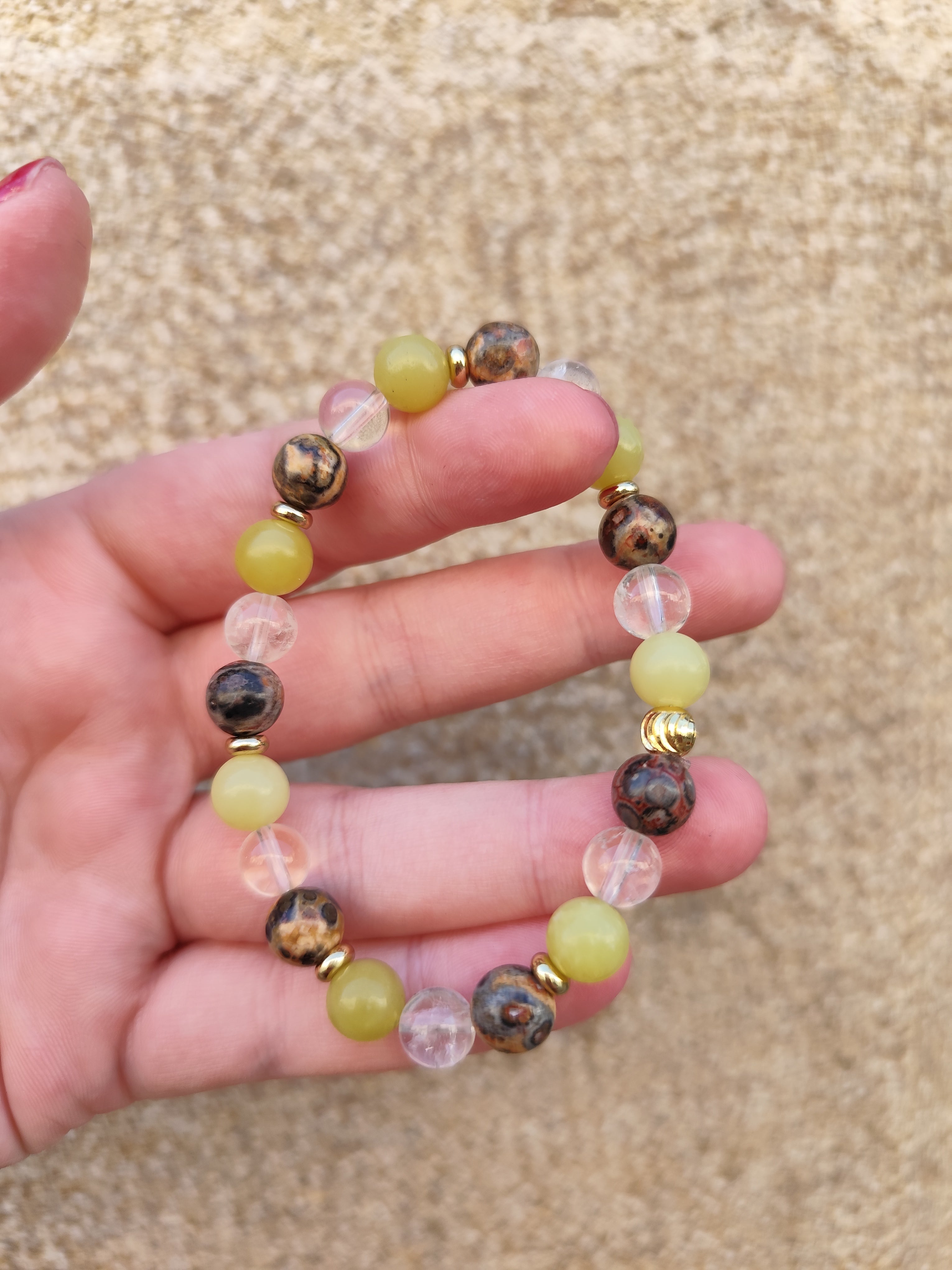 Harmonie Solaire – Bracelet Jade Jaune, Jaspe Léopard & Cristal de Roche