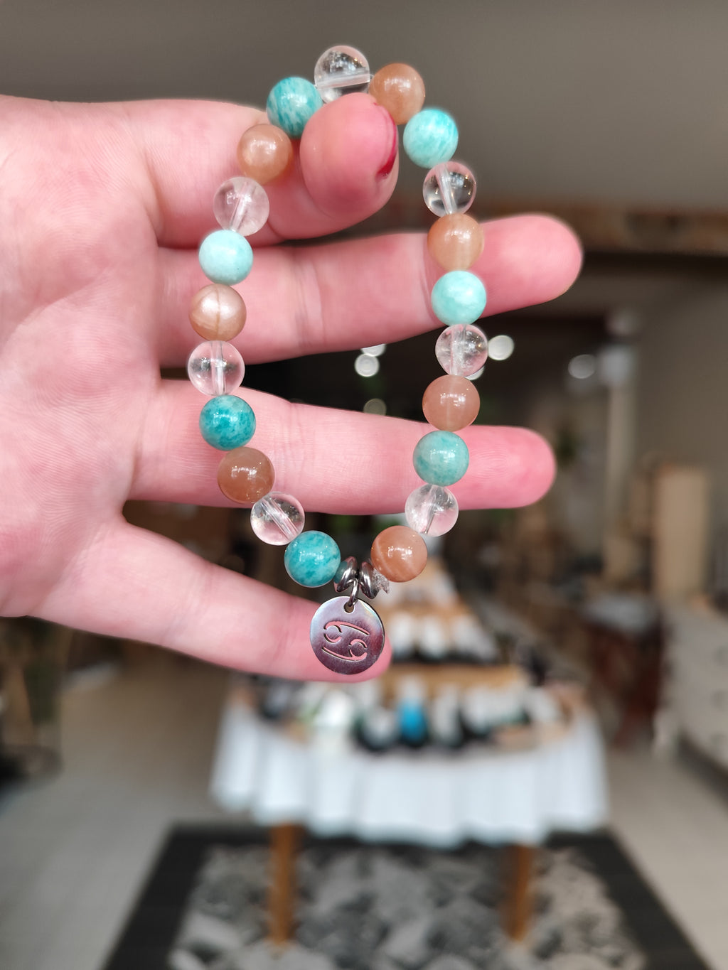 Bracelet signe astrologique Cancer – Pierre de lune, Amazonite & Cristal de roche