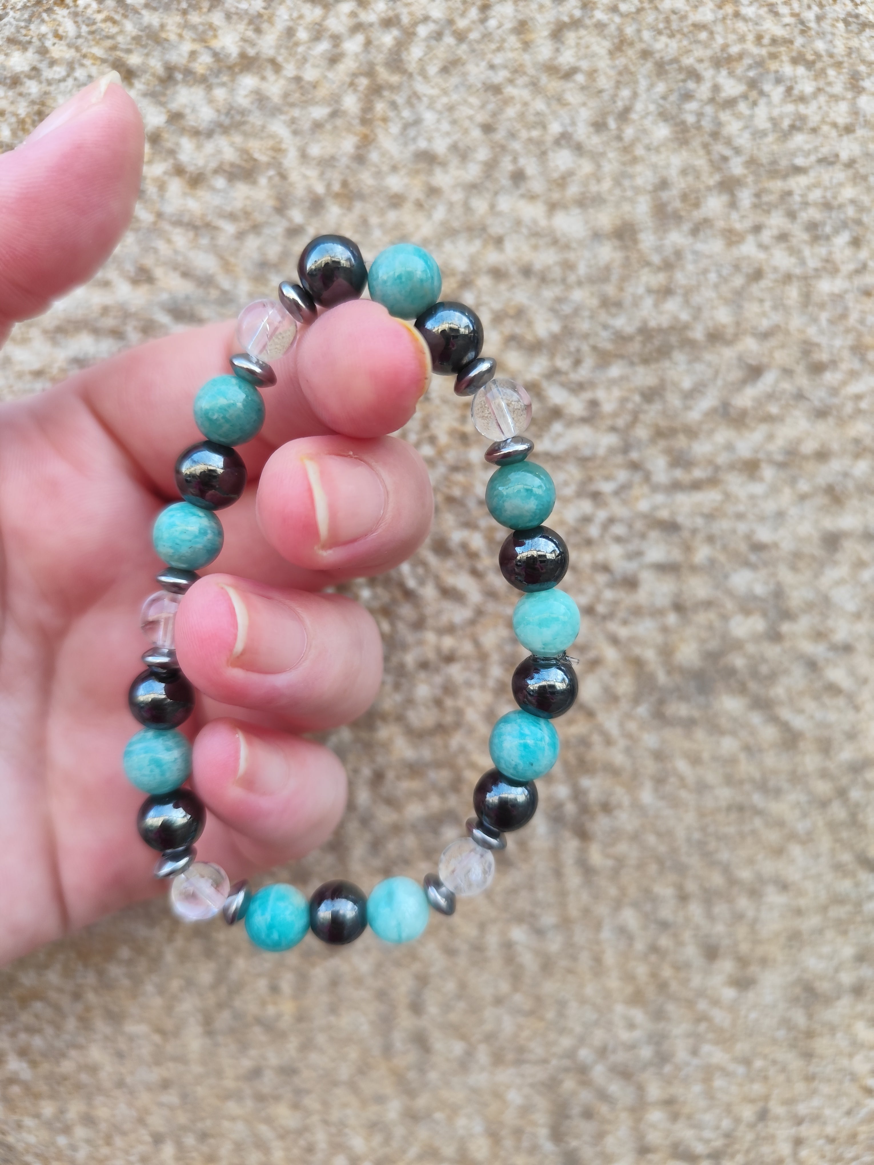 Bracelet Amazonite, Hématite & Cristal de Roche – Lumière Cristalline