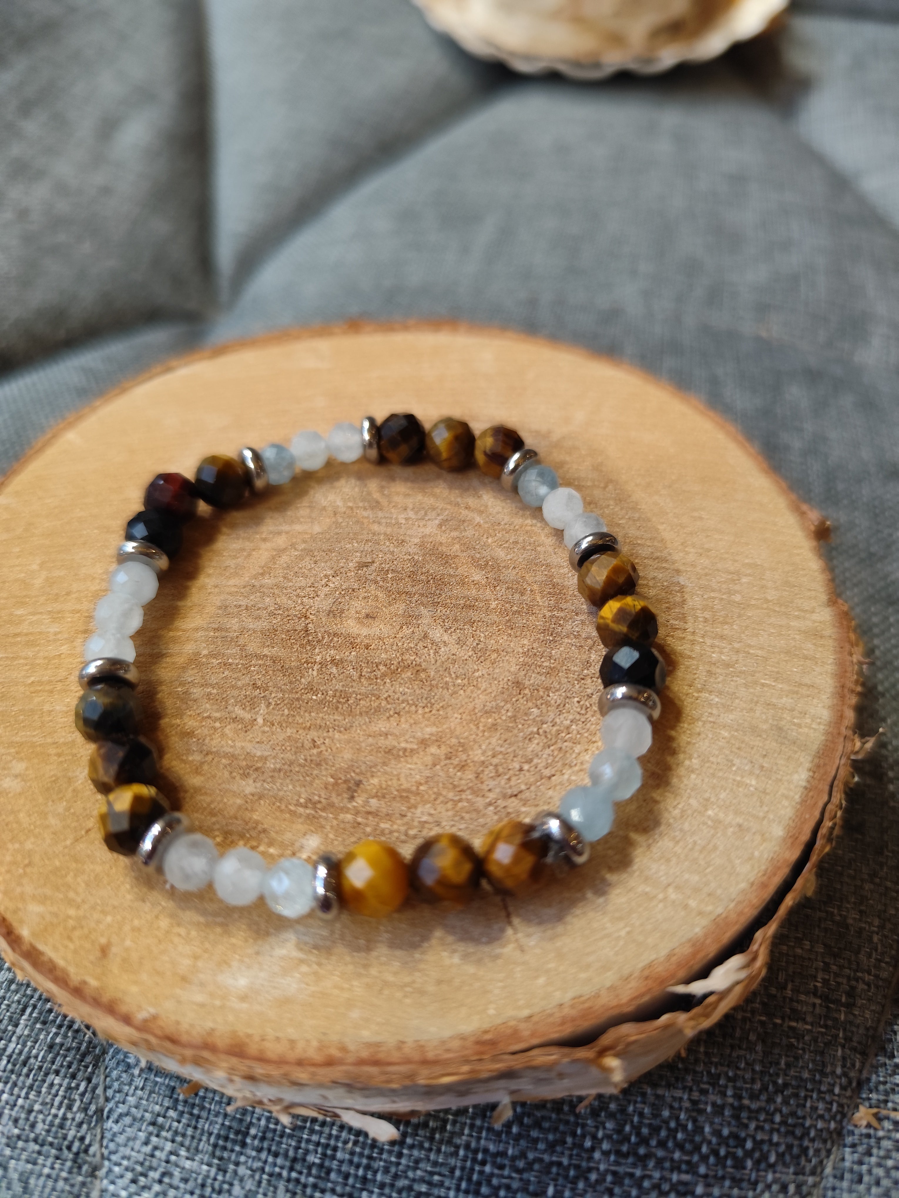 Bracelet Apaisement, intuition, libérer la parole, confiance en soi / calcédoine bleue, oeil de tigre