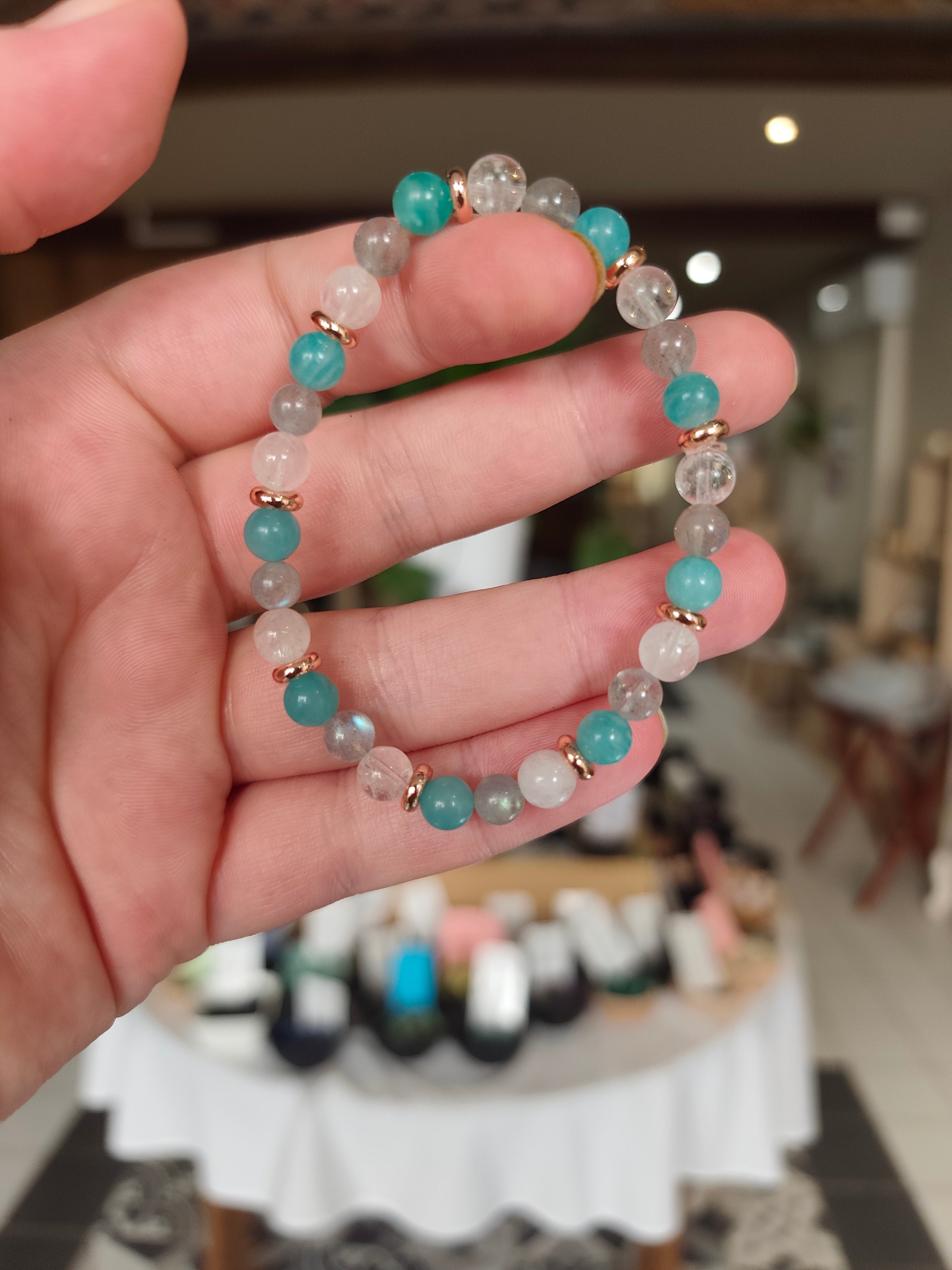 Bracelet Blue Lagoon – Amazonite, Labradorite & Cristal de Roche Craquelé – Création Unique