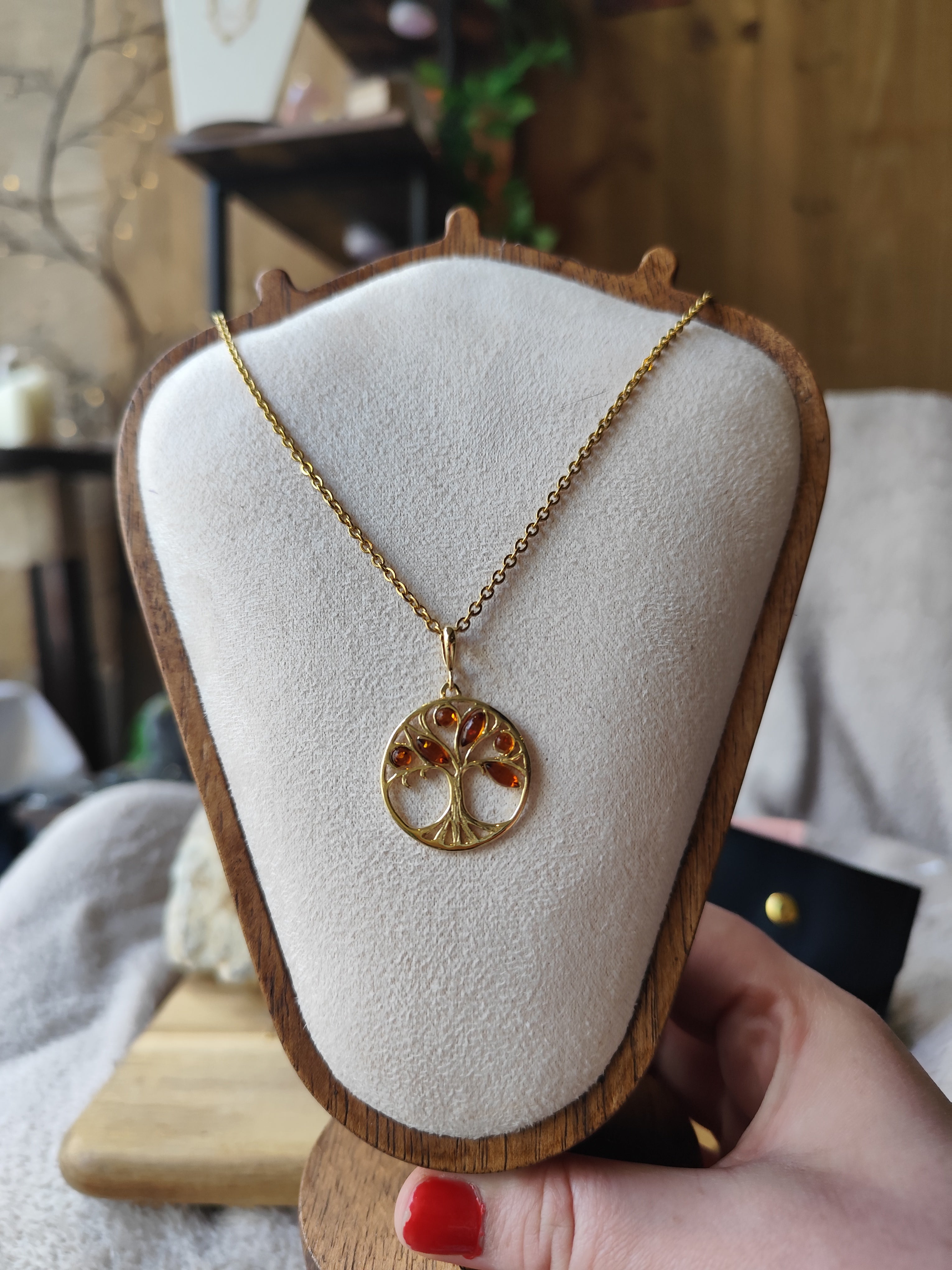 Pendentif arbre de vie en ambre naturel – argent 925 doré à l’or fin – bijou symbolique femme