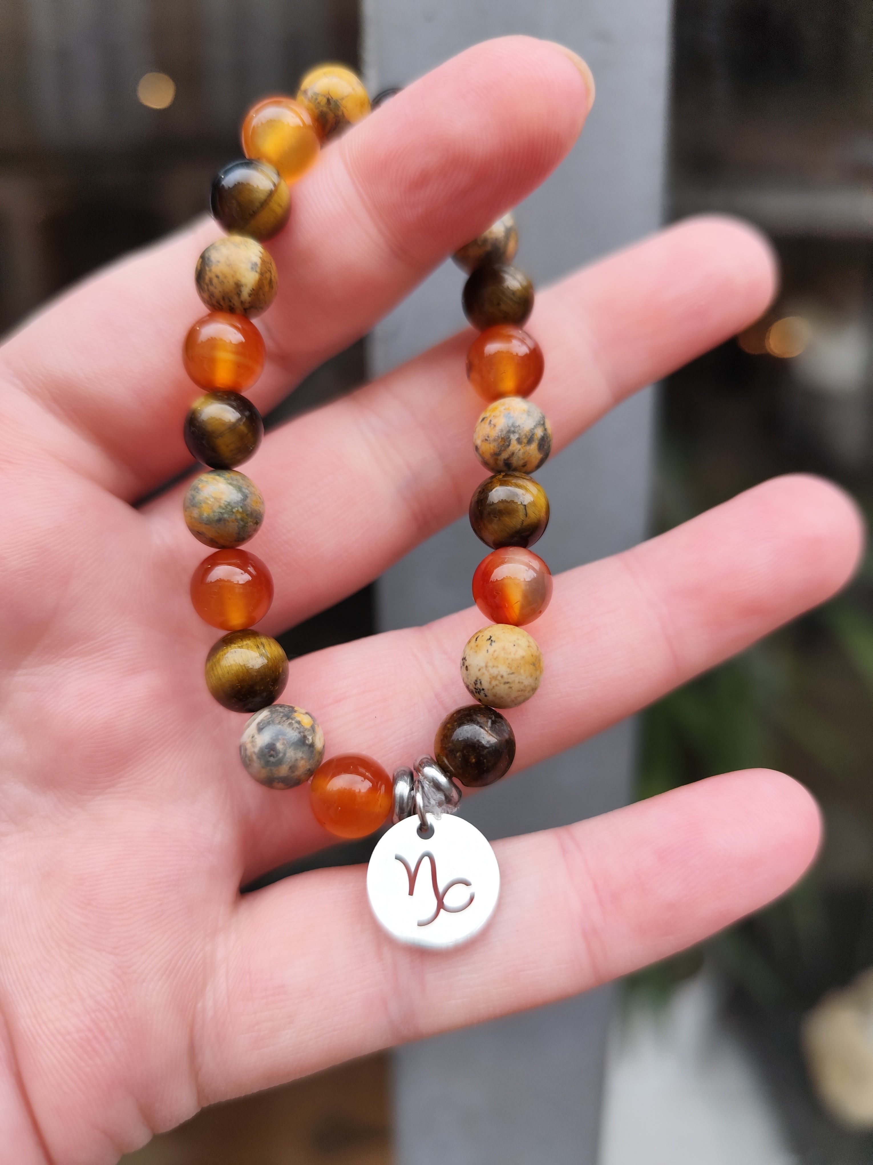 Bracelet Capricorne – Jaspe Léopard, Cornaline & Œil de Tigre | Bracelet Astrologique Fait Main