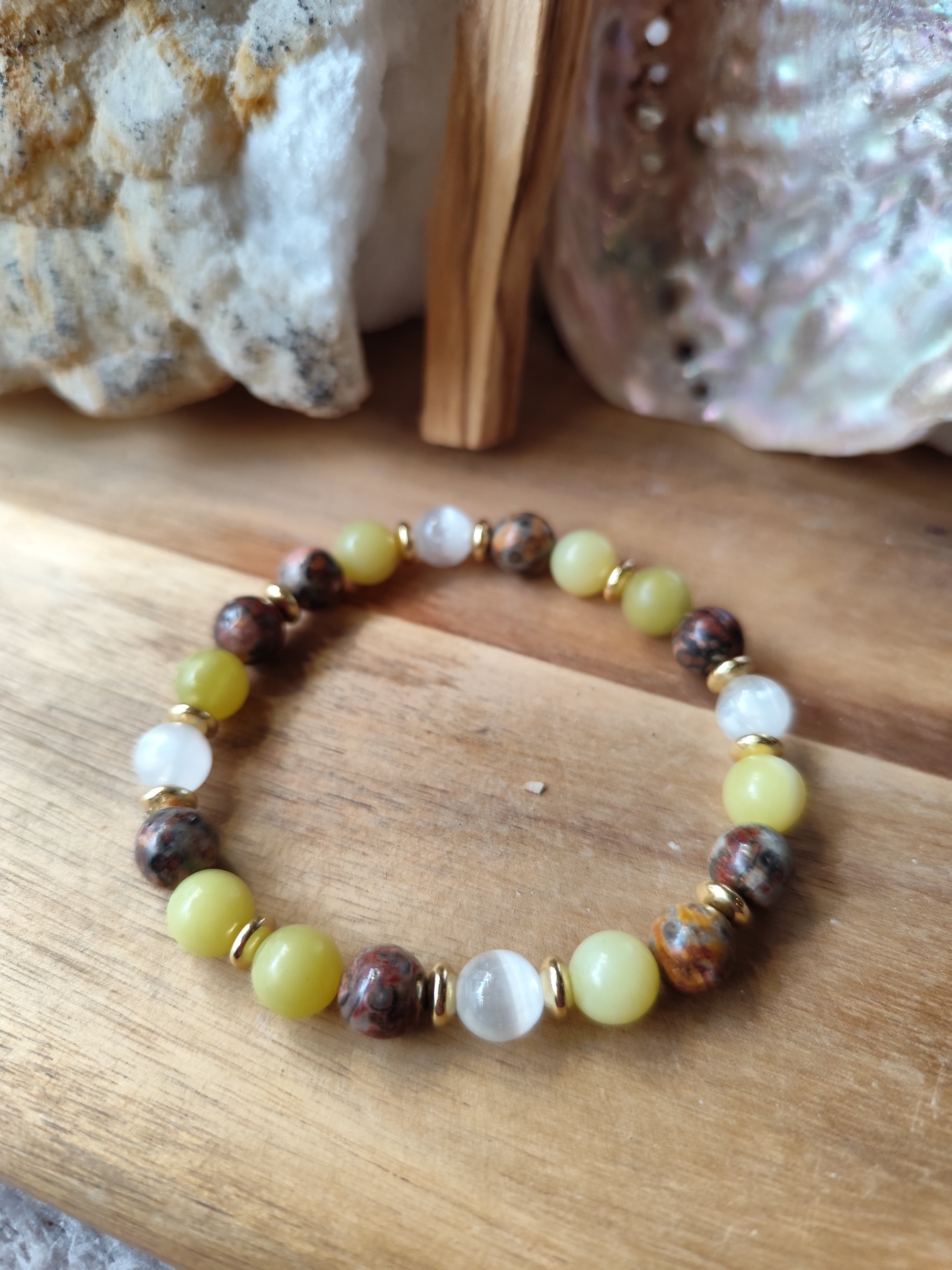 Bracelet Serpentine Jaune, Sélénite & Jaspe Léopard – Pièce Unique Artisanale